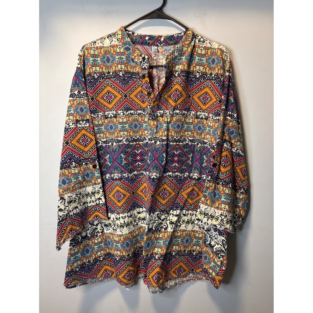 Organic Hemp Cotton Boho Geometric Tribal Print Henley Tunic Top Multi-Color